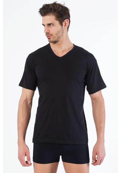 Siyah İnci Pamuklu V Yaka Kısa Kol T-shirt Siyah