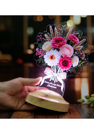 Günbatımı Gerbera Buketi Led Lamba - İsme Özel Solmayan Çiçek Buketi Yıldönümü Ve Sevgililer Günü Hediyesi
