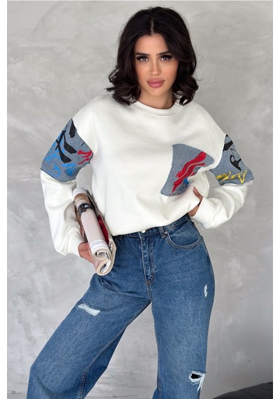 Femelle Kadın Beyaz Kot Detaylı İçi Pamuklu Sweatshirt - S76