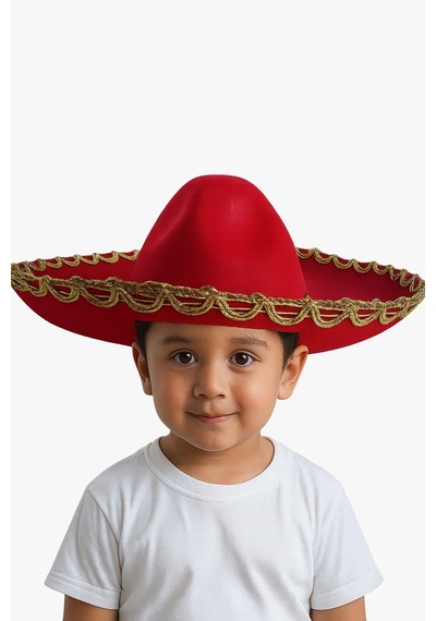 Meksika Mariachi Latin Şapkası Lüks 41cm Kırmızı Zemin Üstüne Altın Sim Kenarlıklı Parti Kostümü
