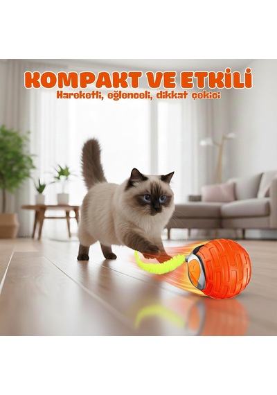 Akıllı Kedi Oyun Topu - Otomatik Yuvarlanan İnteraktif Kedi Oyuncağı - Şarj Edilebilir Evcil Hayvan Oyun Arkadaşı - Farklı Hız Ve Oyun Modları - Led Işıklı - Tüylü Kovalama Kuyruğu Turuncu