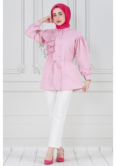 Sevitli İnci Çakım Fırfırlı Tunik-pembe-3780-pembe Pembe