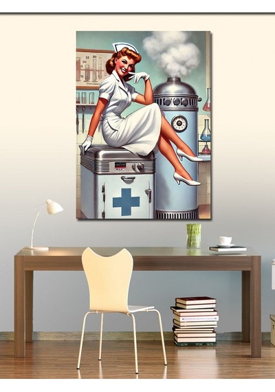 Kanvas Tablo Retro Hemşire Ve Tıbbi Aletler 50cmx70cm