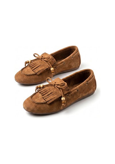 Giamgia Store Püsküllü Boncuk Detaylı Taba Süet Makosen Loafer Ayakkabı-2365