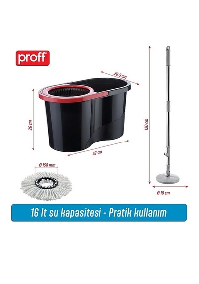Turbo Star Black Microfiber Döner Başlıklı Temizlik Seti Büyük Boy Mop 13 Lt.