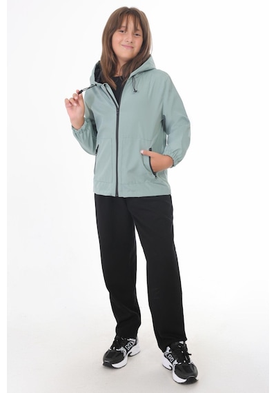Spor Kız Çocuk İçi Astarlı Su Ve Rüzgar Geçirmez Kapüşonlu Çift Fermuarlı Cepli Yağmurluk Mint Yeşili
