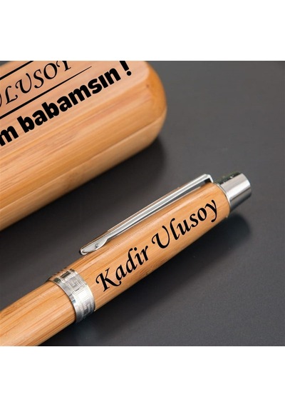 Babalar Günü Hediyesi İsme Özel Bambu Ahşap Roller Kalem Seti - İyi Ki Benim Babamsın Kutulu Kalem Mavi