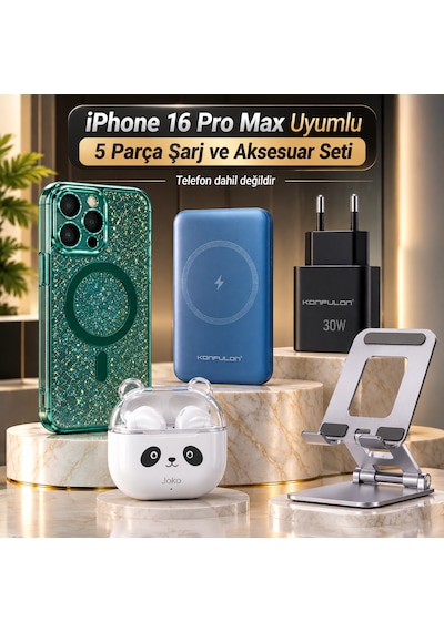 İphone 16 Pro Max Uyumlu 5 Parça Şarj Ve Aksesuar Seti - Kılıf, Powerbank, Adaptör, Kulaklık Ve Stand 01