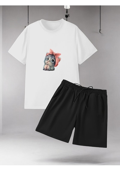Uyguntarz Unisex Minnoş Tasarım Basklı Tshirt Şort Takımı Beyaz