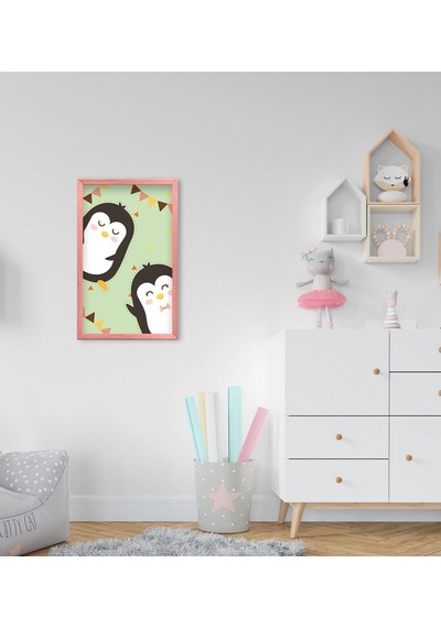 Bk Home Tatlı Penguenler Tasarımlı Dekoratif Pembe Ahşap Çerçevel (495494007)