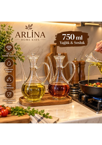 2'li 750 Ml İbrik Model Cam Yağlık Seti-akasya Standlı