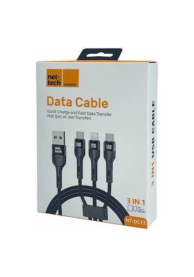 Nettech Nt-dc13 İp Örgü 100 Cm Usb To Micro + Lightning + Type-c Şarj Ve Data Kablosu