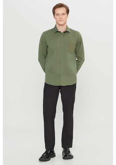 AC&Co / Altınyıldız Classics Erkek Hakı Pamuklu Tailored Slim Fit Dar Kesim Klasik Yaka Armürlü Cepli Gömlek Haki