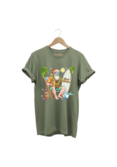 Merry Christmas Yaz Temalı Plajda Noel Baba Baskılı %100 Pamuk Unisex Regular Fit T-shirt Haki