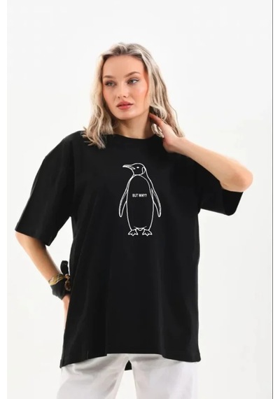 Butik İstanbul Nihilist Penguen Özel Tasarım Oversize Bisiklet Yaka Tişört - Siyah