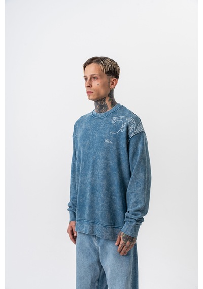 Respire Erkek Snake Nakışlı Yıkamalı Bisiklet Yaka Oversize Sweatshirt Petrol