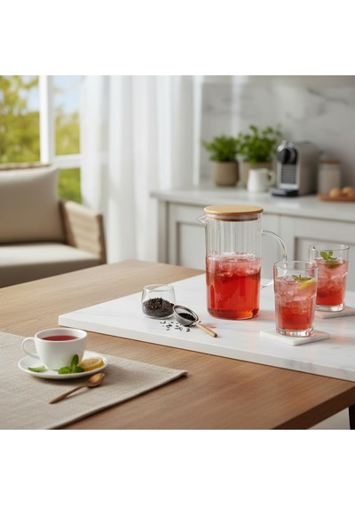 1000 Ml Bambu Kapaklı Borosilikat Cam Yağlık Ve Sürahi - Isıya Dayanıklı Çizgili Line Desenli Modern Meşrubat Ve Su Karafı 9x17 Cm Çok Renkli