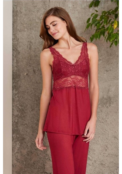 Pierre Cardin Dantelli Sabahlıklı Penye Pijama Takımı Bordo 001