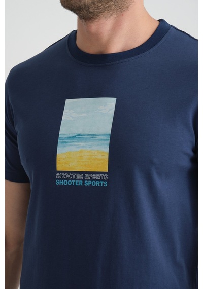 Shooter Sportwear Shooter Erkek T-shirt %100 Pamuk Minimalist Tasarım Regular Kalıp Baskılı İndigo
