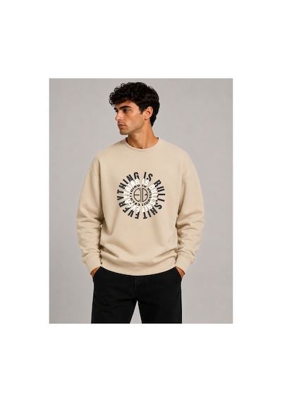 Herkesemoda Everything Baskılı Bisiklet Yaka Şardonlu 2 İplik Sweatshirt Bej