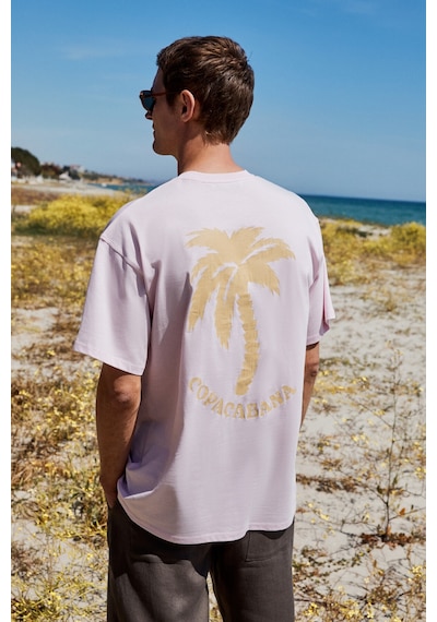 Grımelange Copacabana Erkek Ön Arka Çatlayan Baskı Detaylı %100 Organik Pamuk Oversize Kısa Kollu Pembe T-shirt