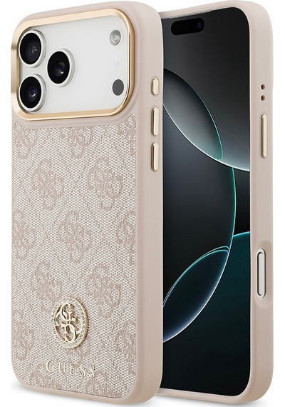 Apple Uyumlu iPhone 17 Pro Max Kılıf Guess Lisanslı M-safeli Gold Metal Kamera Çerçeveli Taşlı 4g Logolu Pembe Pembe