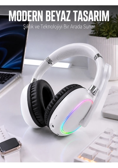 Kablosuz Bluetooth Mikrofonlu Beyaz Kulaklık Rgb Işıklı