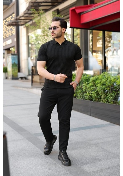 Veraura Lifestyle Erkek Örgü Desen Yakalı Kısa Kollu Triko Tişört Siyah