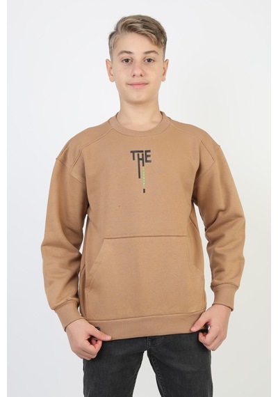 Kanguru Cepli Bisiklet Yaka Erkek Çocuk Sweatshirt-90901 Kahverengi