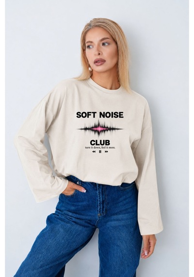 Medinenur Kadın Soft Noise Club Baskılı Uzun Kollu Tesettüre Uygun Body Ekru