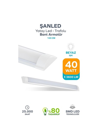 Ayrex Şanled 120 Cm 40 Watt Yatay Led Bant Armatür-trafolu Beyaz Işık-1-2-4-5-8-10-20-40 Adettir Beyaz-1 Adet Diğer