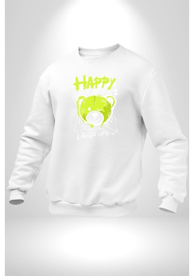 Sık Sık Mutlu Gülmek Teddy Bear Unisex Beyaz Sweatshirt Beyaz