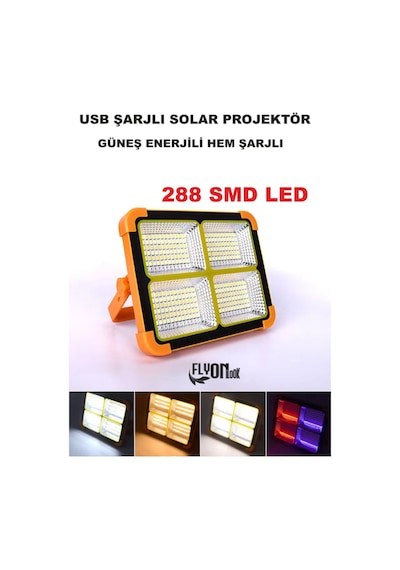 Şarjlı Hem Güneş Enerjli Solar Projektör 4000 Lümel 5 Işık Modlu Lamba Fener Solar Panel Portatif