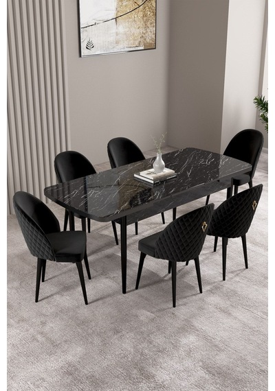 Milas Siyah Mermer Desen 80x132 Mdf Açılabilir Mutfak Masası Takımı 6 Adet Sandalye Siyah