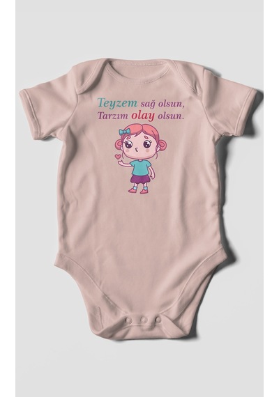Teyzem Sağ Olsun,tarzım Olay Olsun Baskılı Bebek Zıbını Çıtçıtlı Body %100 Pamuk Kısa Kol Pastel Pembe