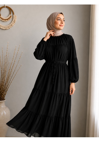 Efulim Womens İpli - Astarlı Salaş Şifon Tesettür Elbise Siyah