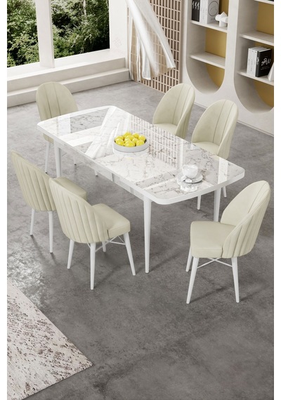Canisa Gale Serisi 80x132 Açılabilir Lak Panel Beyaz Mermer Desen Mutfak Masa Takımı 6 Krem Sandalye Masa Beyaz Mermer Desen Sandalye Krem Canisa Gale Serisi 80x132 Açılabilir Lak Panel Beyaz Mermer Desen Mutfak Masa Takımı 6 Krem Sandalye Masa Beyaz Mermer Desen Sandalye Krem