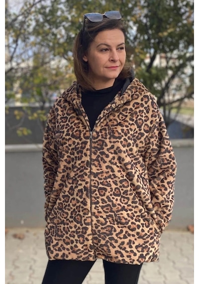 Mia Butik Büyük Beden Camel Leopar Deseli Ceket Camel