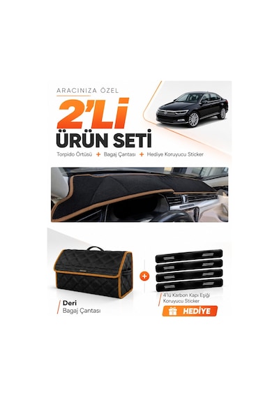 Volkswagen Passat B8 2015-2020 Uyumlu Torpido Örtüsü + Deri Çanta + Sticker - Siyah Kahverengi