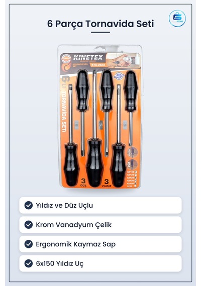 Tornavida Seti 6 Parça Yıldız Ve Düz Krom Vanadyum Çelik Ergonomi