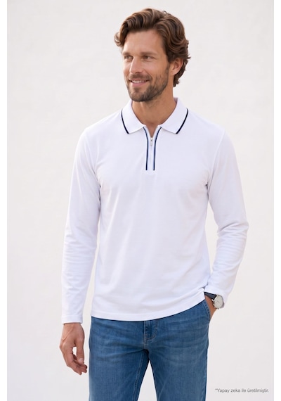 Tudors Erkek Slim Fit Dar Kesim %100 Pamuk Uzun Kollu Fermuarlı Beyaz Polo Yaka Tişört-52785