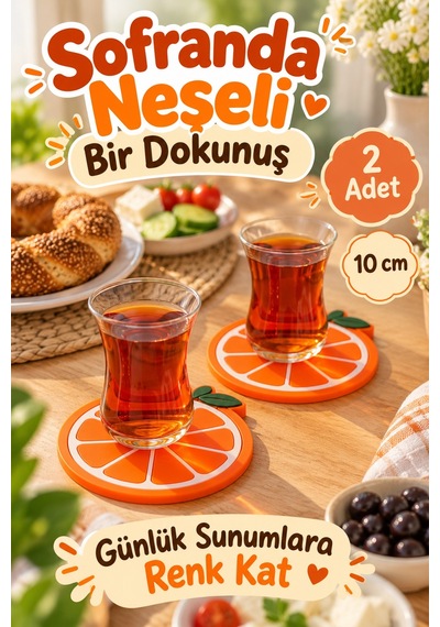 Portakal Desenli Bardak Altlığı 2'li 10 Cm Turuncu Meyve Figürlü Masa Ve Sehpa İçin Dekoratif Altlık