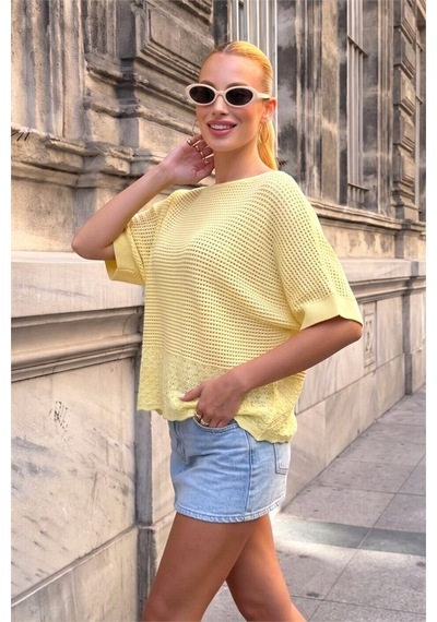 Veraura Lifestyle Sarı Kayık Yaka Ajurlu Triko