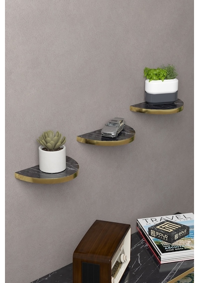Duvar Rafı Dekoratif 3 Adet Çiçeklik Oval Altın Bendir