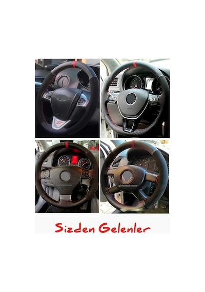 Vw İle Uyumlu Golf 7 Uyumlu Alkantara Karbon Direksiyon Kılıfı Kırmızı Yüzüklü Diğer
