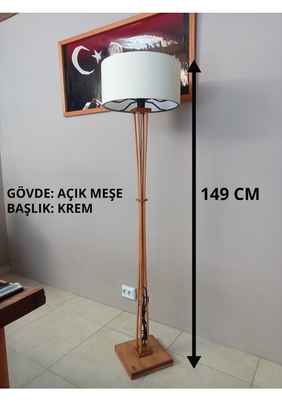 Açık Meşe Ahşap Köşe Aydınlatma- Krem Başlık-anahtarlı Kablo