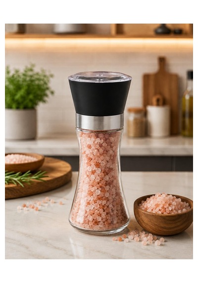 Seramik Öğütücülü 5 Kademe Ayarlı Cam Tuz Karabiber Değirmeni Plastik Kapak 200 Ml Şeffaf 18 Cm