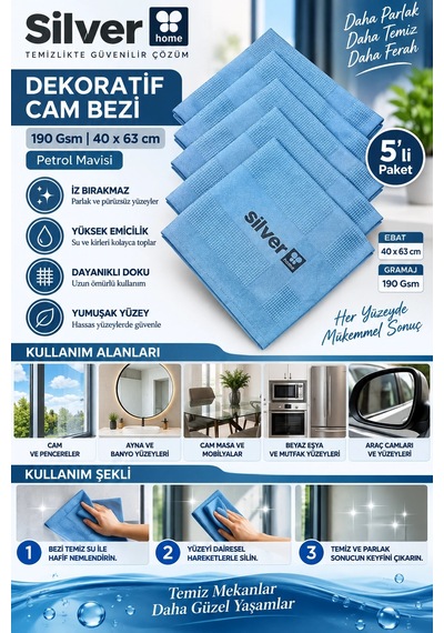 Silver Home 190 Gsm 40x63 Cm Dekoratif Cam Bezi-petrol Mavisi 5'li Gri