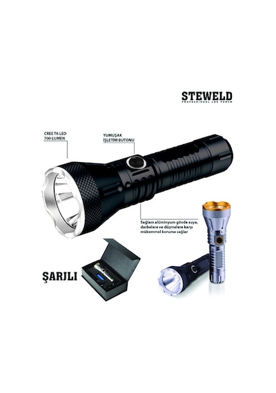 Steweld 608B Pro 700 Lümen Şarjlı Led El Feneri Siyah