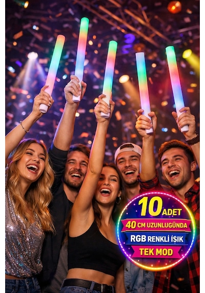 Led Köpük Işık Çubuğu 10 Adet 40 Cm Rgb Işıklı Eğlence Çubuğu Seti 3+ Yaş
